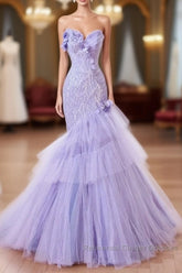 Purple Mermaid Sweetheart Neck Tulle Beaded Long Semi Formal Prom Dress Strapless Sequin Applique Wedding Dress